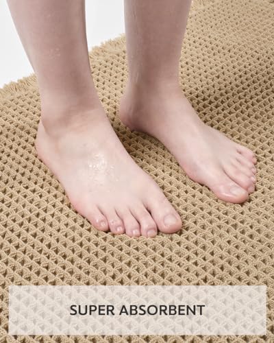 tchdio Waffle Bath Mat Rug, Super Absorbent Non Slip Bath Mats Ultra Soft Bathmat Machine Washable Bathroom Rugs with Tassels, Bath Rugs for Bathroom Floor Beside Tub, 17" x 24", Brown