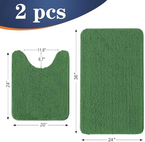 OLANLY Chenille Bathroom Rugs Sets 2 Piece, 36"x24"+24"x20", Olive Green