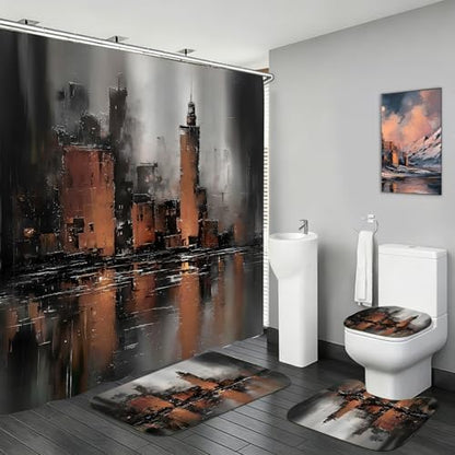 Yddsky 4 Pcs Brown Abstract Shower Curtain Set with Rugs Bathroom Set