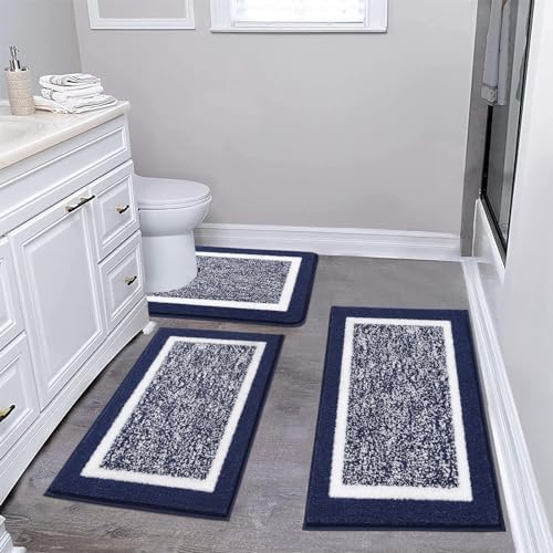 Pauwer 3 Piece Bathroom Rug Set, Non Slip Washable Bath Mat, Navy