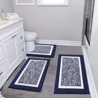 Pauwer 3 Piece Bathroom Rug Set, Non Slip Washable Bath Mat, Navy