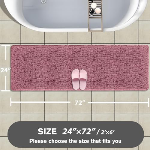 Bathroom Runner Rug 24 x 72 Non Slip – Extra Long Bath Mat | Absorbent and Washable Thick Chenille Runner Rug for Bathroom, Shower, Tub, Sink(Dusty Rose)