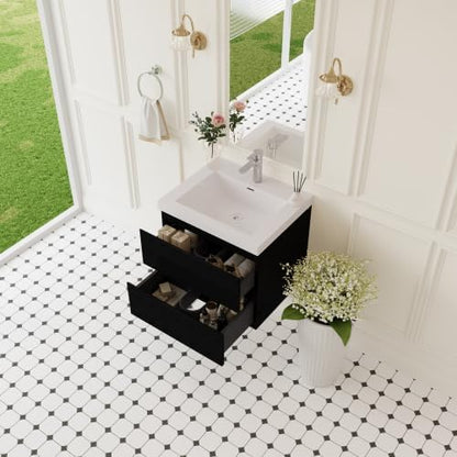 KEIKI 24'' Wall-Mounted Bathroom Vanity with Sink - Floating Design, 2 Soft-Close Drawers & Resin Basin, Space-Saving for Small Bathrooms, Glossy Black