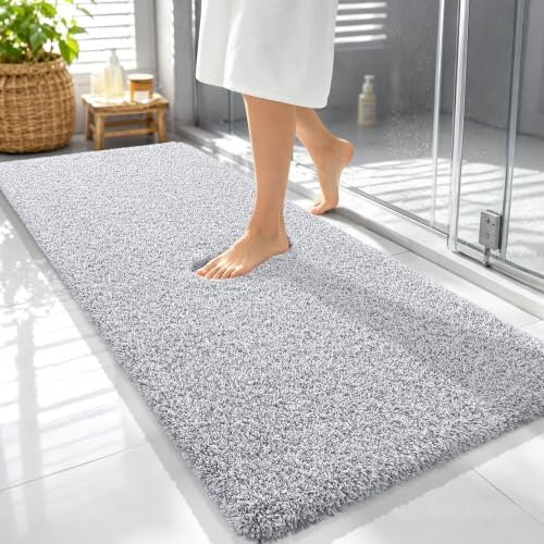 OLANLY Microfiber Bathroom Rugs 59x24, Quick Dry Bath Mat, Grey and White