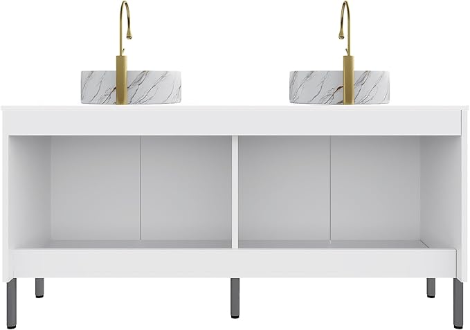 Ambrovina 60" Bathroom Vanity with Double Sink, Freestanding Bathroom Storage Cabinet with 4 Soft-Closing Doors, 2 White Round Ceramic Basins and Carrara White Sintered Stone Countertop, White