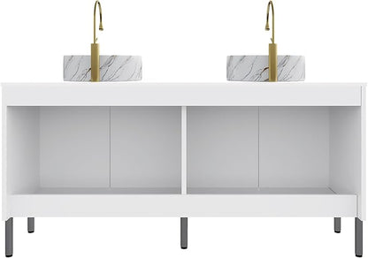 Ambrovina 60" Bathroom Vanity with Double Sink, Freestanding Bathroom Storage Cabinet with 4 Soft-Closing Doors, 2 White Round Ceramic Basins and Carrara White Sintered Stone Countertop, White