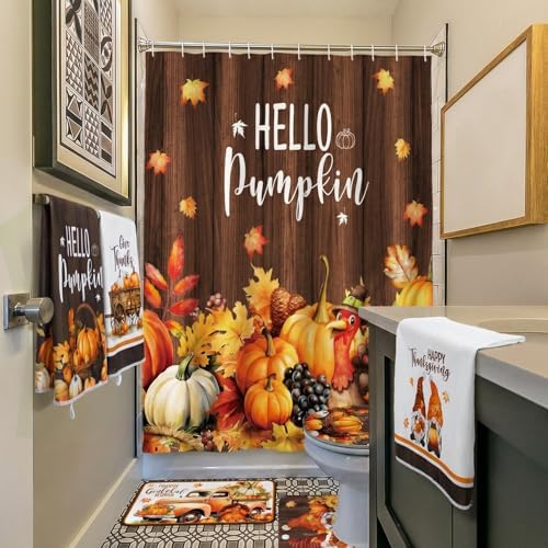 Honoson 8 Pcs Fall Shower Curtain Set Pumpkin Bathroom Decor