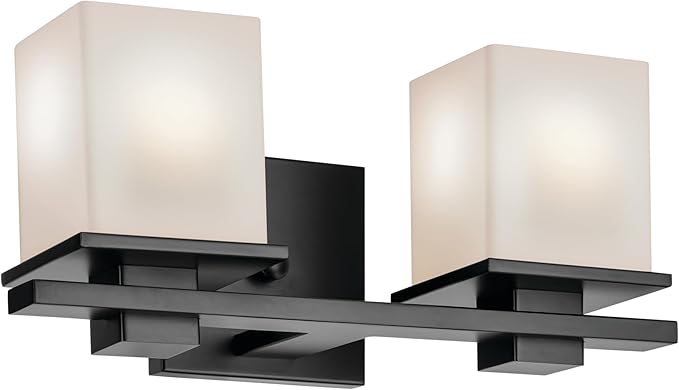 Kichler Tully 15" 2-Light Vanity Light with Satin Etched Cased Opal Glass in Black for Over a Vanity, Soft Modern Style, (15" x 6.5" x 7"), 45150BK