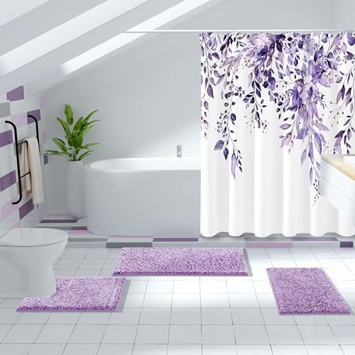 Yimobra Chenille Bathroom Rugs, 28x17.5, Extra Soft Bath Mats for Bathroom Non Slip, Fluffy Plush Luxury Shower Mat Outside, Water Absorbent, Machine Washable, Purple & Lavender