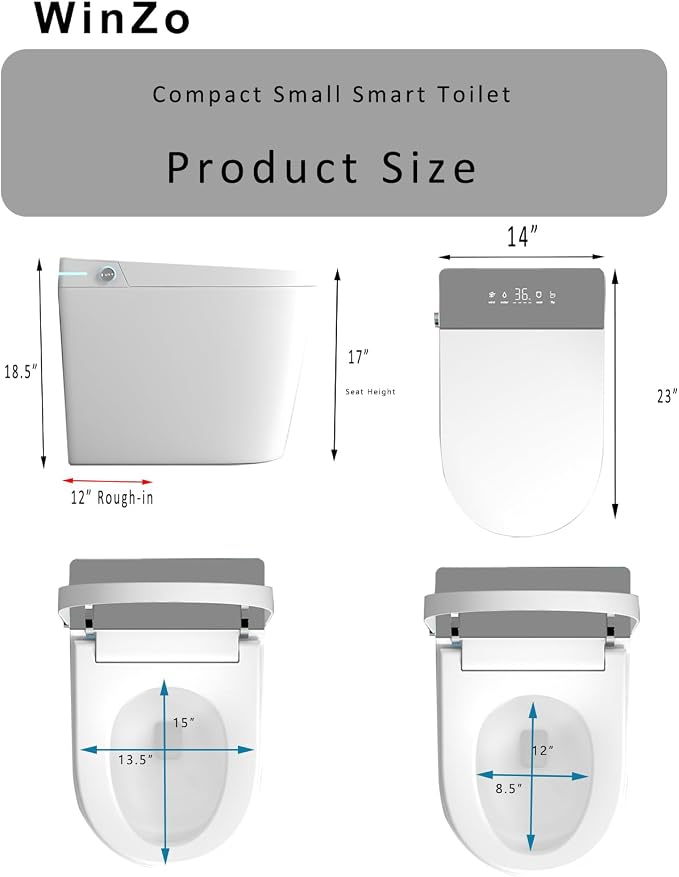 WinZo 23" Compact Smart Toilet with Bidet Seat Built-in For Small Bathroom, Auto Flush, LED Night Light,Heated Bidet with Warm Air Drying (White with Grey Panel)