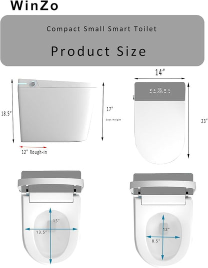 WinZo 23" Compact Smart Toilet with Bidet Seat Built-in For Small Bathroom, Auto Flush, LED Night Light,Heated Bidet with Warm Air Drying (White with Grey Panel)