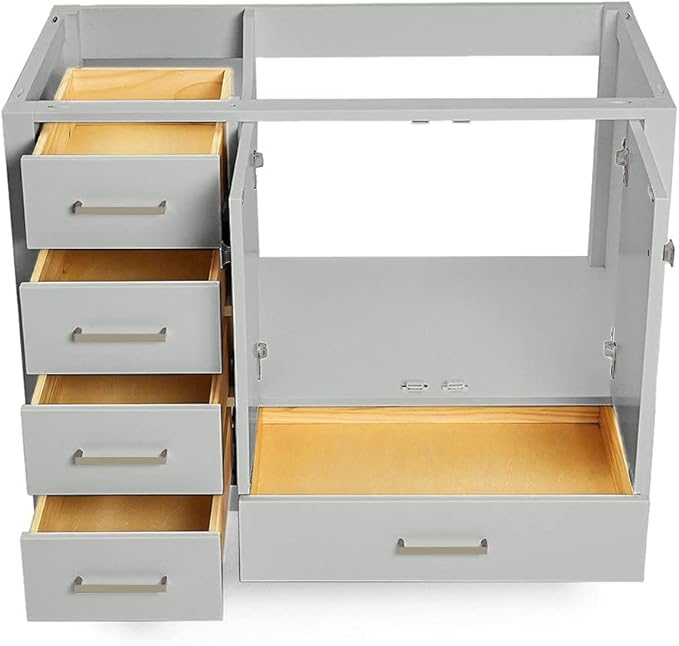 ARIEL Cambridge 42-inch Bathroom Vanity Base Cabinet,Solid Wood, 2 Soft Closing Doors, 5 Dovetail Drawers, Grey
