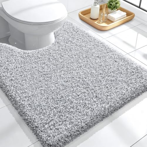 OLANLY Microfiber Bathroom Toilet Rugs U-Shaped Mat 24x20, Grey and White