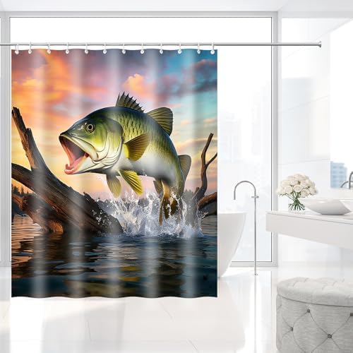 Large mouth Bass Sunset Lake Scene Shower Curtain with Hooks 72 x 72 Inches