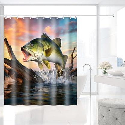 Large mouth Bass Sunset Lake Scene Shower Curtain with Hooks 72 x 72 Inches
