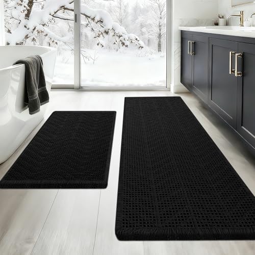 Upgraded Waffle Bath Mat Set 2 Piece Black-Herringbone, Super Absorbent Non-Slip Quick Dry Bathroom Rugs with Tassels, Machine Washable Ultra Soft Boho Bath Rugs, Toilet Mats Boho Farmhouse Decor