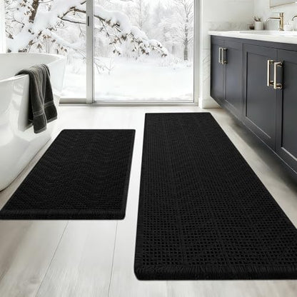 Upgraded Waffle Bath Mat Set 2 Piece Black-Herringbone, Super Absorbent Non-Slip Quick Dry Bathroom Rugs with Tassels, Machine Washable Ultra Soft Boho Bath Rugs, Toilet Mats Boho Farmhouse Decor