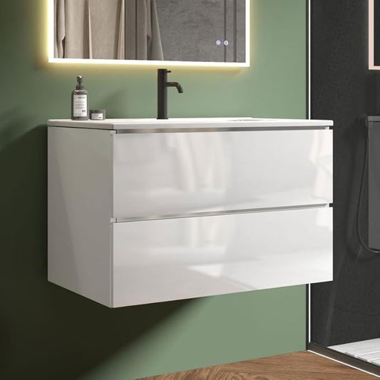 30" Bathroom Vanity with Sink, Modern Floating Vanity with Double Soft Closing Drawers, Large Storage for Small Space, Glossy White, Fully Assembled - Iris Collection