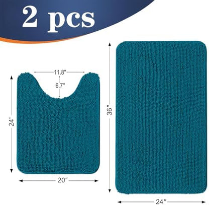 OLANLY Chenille Bathroom Rugs Sets 2 Piece, 36"x24"+24"x20", Peacock Blue