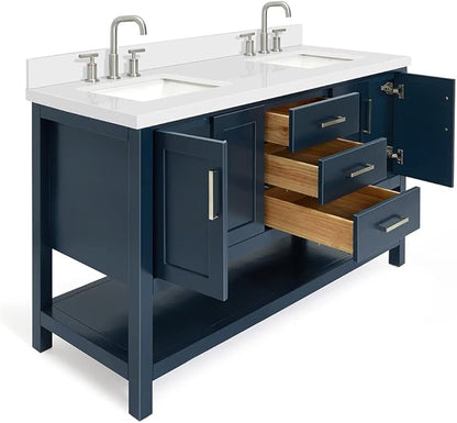 DKB Olivia 60" Midnight Blue Double Bathroom Vanity, 1.5" Pure White Quartz Countertop, Rectangular Undermount Sinks, 4 Soft Closing Doors, 3 Full Extension Dovetail Drawers