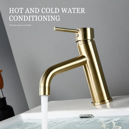 Brushed Gold Basin Faucet Solid Brass Hot and Cold Water Basin Mixer Sink Tap Deck Mounted Bathroom Taps,3,Include:1*Faucet