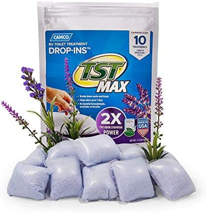 Camco TST MAX RV Toilet Treatment Drop-INs - Control Unwanted Odors and Break Down Waste and Tissue - Septic Tank Safe - Lavender Scent - 10-pack (41556)