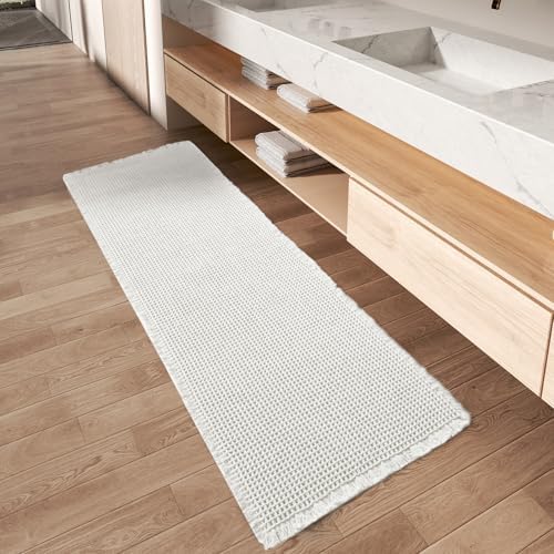 AMOAMI Waffle Runner Rug Super Absorbent Non Slip Bath Mats for Bathroom Floor, Machine Washable Bathroom Runner Rug with Tassels, Ideal for Hallway Bedroom Laundry Room, White, 2'x 4'(24" x 48")