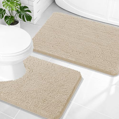 OLANLY Chenille Bathroom Rugs Mats Sets 2 Piece, 30"x20"+24"x20", Sand