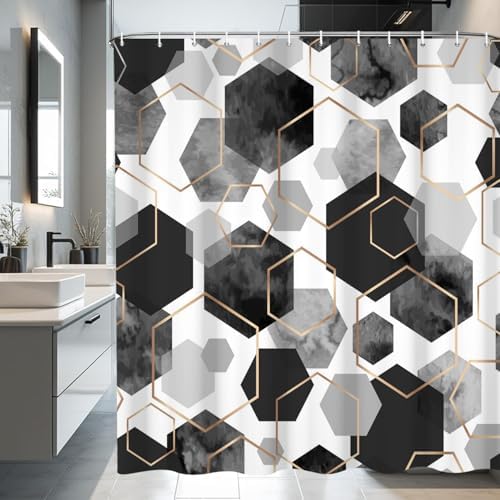 deFouliao Grey Shower Curtain Modern Abstract Geometric Grid Bathroom Curtain Sets for Bathtub Home Art Decor, Waterproof Fabric Washable with Hooks, 36x72 Inch