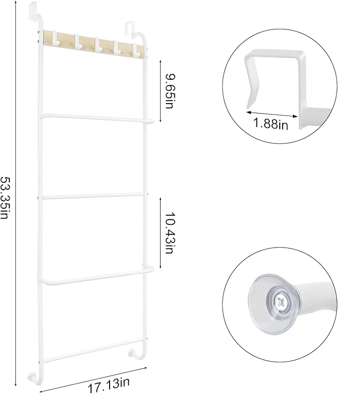 Over the Door Towel Rack for Bathroom 5 Tier Over The Door Towel Bar | Back of Door Towel Rack, Behind Door Towel Holder with Hooks, White Door Rack Hanger, Stable Suction Cup Design