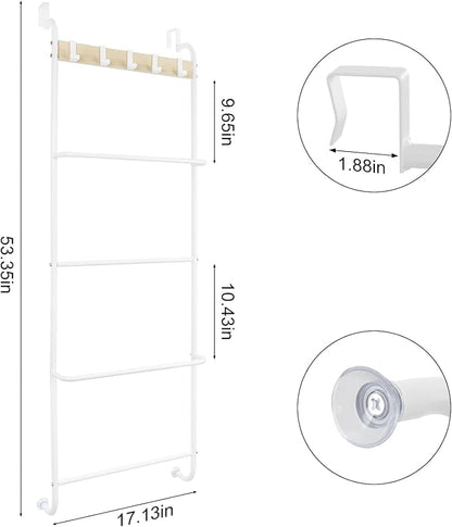 Over the Door Towel Rack for Bathroom 5 Tier Over The Door Towel Bar | Back of Door Towel Rack, Behind Door Towel Holder with Hooks, White Door Rack Hanger, Stable Suction Cup Design