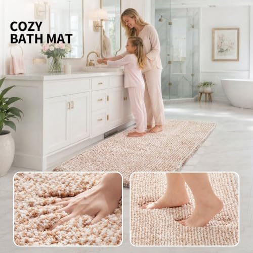 ILANGO Beige and White U Shaped 22" × 24" Non Slip & Super Absorbent Extra Thick Soft, Washable Bath Mats for Bathroom Floor, Microfiber Plush Shaggy Contour Bath Rugs for Toilet,Dry Quick