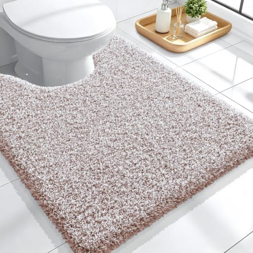 OLANLY Microfiber Bathroom Toilet Rugs U-Shaped Mat 24x20, Mocha and White