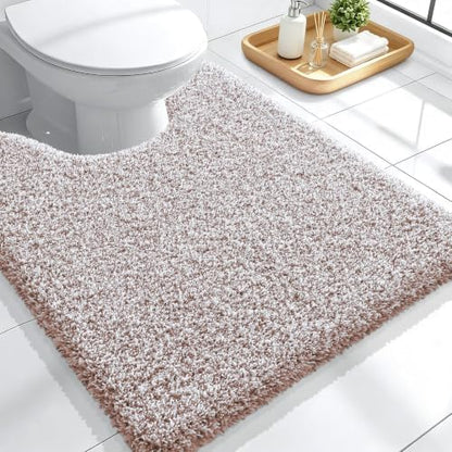 OLANLY Microfiber Bathroom Toilet Rugs U-Shaped Mat 24x20, Mocha and White