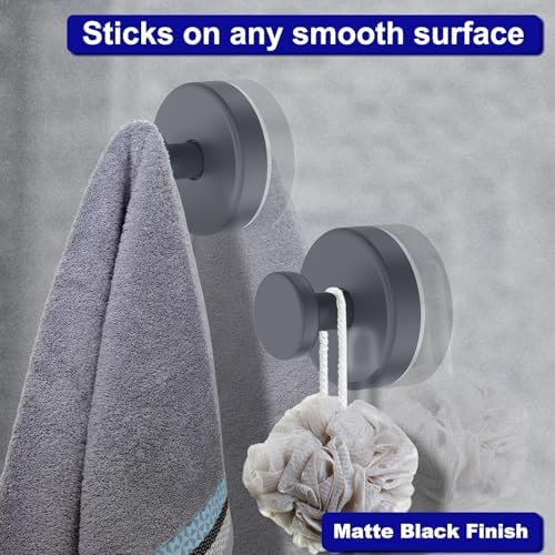 Bntuk Suction Cup Hooks for Shower, Removable Towel Hooks for Bathroom Window Glass Door Wall, Bath Robe Looafh Hook for Hanging - 2 Pack, Grey