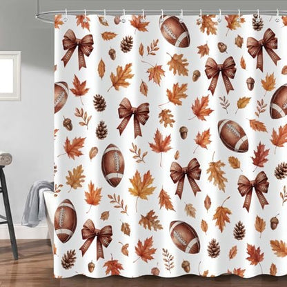 Fall Shower Curtain, Autumn American Football Maple Leaf Bathroom Curtain Set, Fall Thanksgiving Harvest Bath Curtain Decor Waterproof Fabric 72X72in