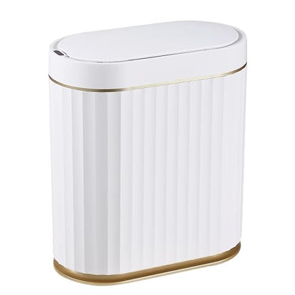 ELPHECO Bathroom Trash Can with Lid, 2 Gallon, Motion Sensor, White Gold | Automatic Garbage Can, IPX5 Waterproof Plastic Wastebasket, Trash Bin for Bathroom, Bedroom, Kitchen and Office
