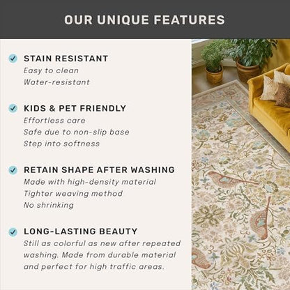 Large Entryway Rugs Indoor - Beige 3x4 Washable Rugs for Kitchen Bedroom Beside Bed Door Mat Indoor Entrance with Vintage Woodland Flowers, Non Slip Stain Resistant Low Pile