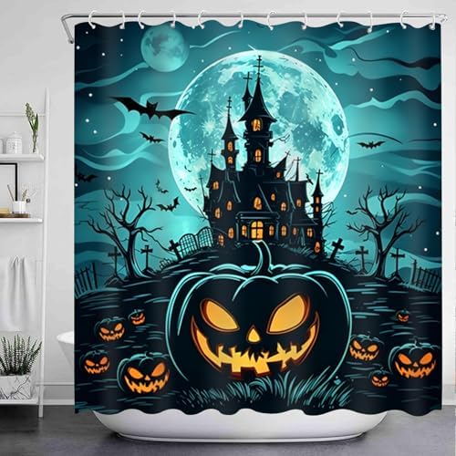 NBVKO Halloween Castle Pumpkin Waterproof Shower Curtain Set,with Non-Slip Rugs,Toilet Lid Coverand Bath Mat,Halloween Bathroom Decor Accessory Set