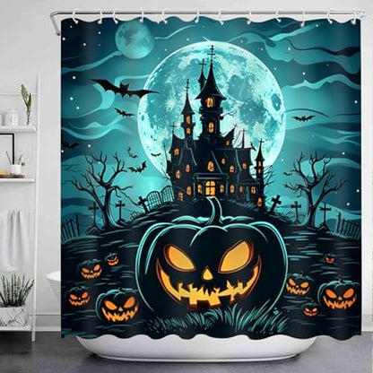 NBVKO Halloween Castle Pumpkin Waterproof Shower Curtain Set,with Non-Slip Rugs,Toilet Lid Coverand Bath Mat,Halloween Bathroom Decor Accessory Set