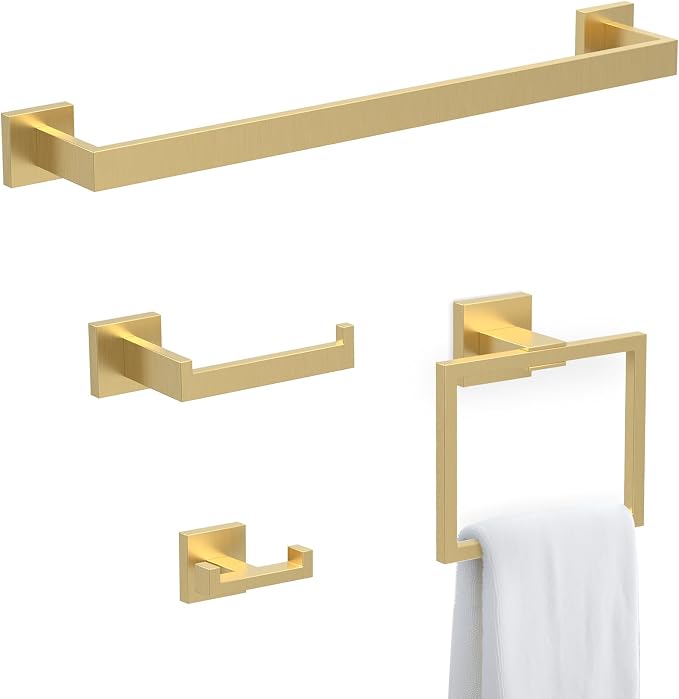 BOZWELL 4 Pieces Light Brushed Gold Stainless Steel Towel Bar Set, 23.6 inch Square Bathroom Hardware Accessories Set,Wall Mounted Towel Racks for Bathroom