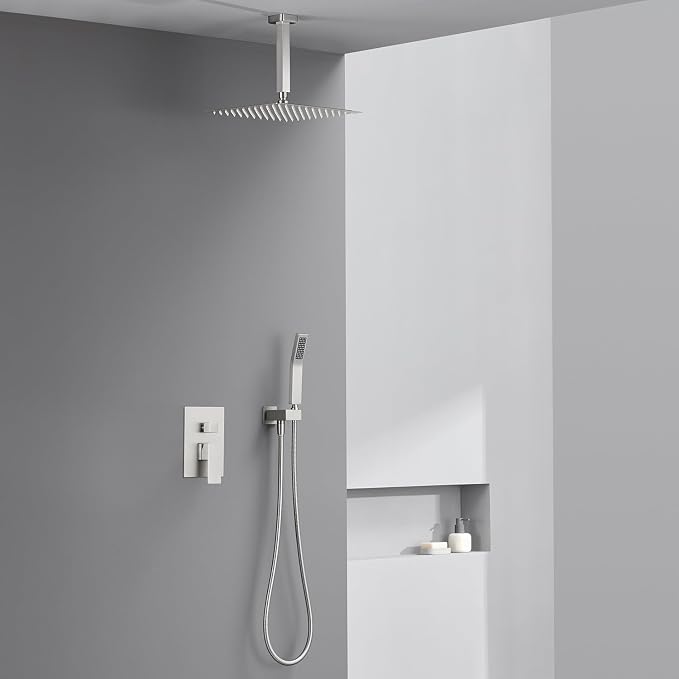 Shower System 12 Inches Rain Shower Combo Set Brushed Nickel Ceiling Mount Shower Faucet Bathroom Faucets with Rainfall Shower Head and Hand Shower