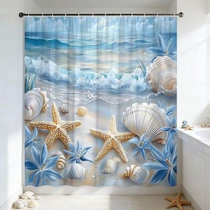 Beach Starfish Shower Curtain Sea Waves Seacoast Scenery with Sand with Various Seashells Scallop Conch Tropics Seaside Summer Coastal Ocean Theme Decorative Curtain with Polyester Fabric