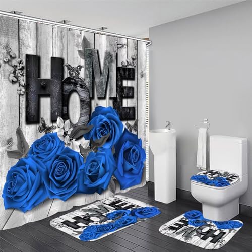 Yddsky 4 Pcs Blue Rose Shower Curtain Set with Rugs Bathroom Set