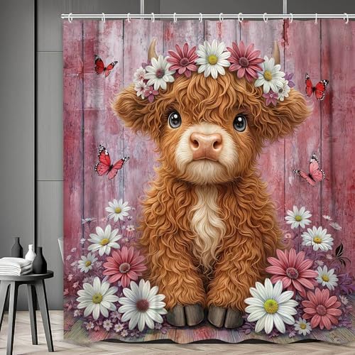 Cute Cow Shower Curtain, Farmhouse Rustic Pink Floral Daisy Highland Cow Shower Curtains for Bathroom, Calf Country Farm Animal Garden Plant Fabric Bathroom Decor with Hooks, 54x72 inch