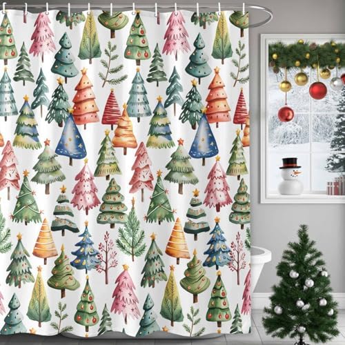 Christmas Tree Shower Curtain Bathroom Set Star Xmas Pine Trees Waterproof Shower Curtains with Grommets Hooks Colorful Cartoon Style Privacy Bath Curtain for Bathtub Decor 60x72in