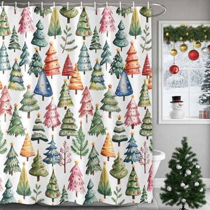 Christmas Tree Shower Curtain Bathroom Set Star Xmas Pine Trees Waterproof Shower Curtains with Grommets Hooks Colorful Cartoon Style Privacy Bath Curtain for Bathtub Decor 60x72in