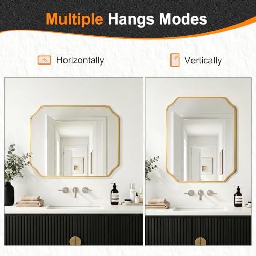 Delma Bathroom Vanity Mirror, Black Framed Aluminum Bathroom Mirror for Over Sink, Scalloped Round Corner Wall Mirror, High-Definition Vanity Mirror, Hangs Horizontally or Vertically (30x24,Gold)