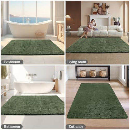 Yeaban Chenille Olive Green Bathroom Rug 36"x60",Non-Slip Rubber Backing