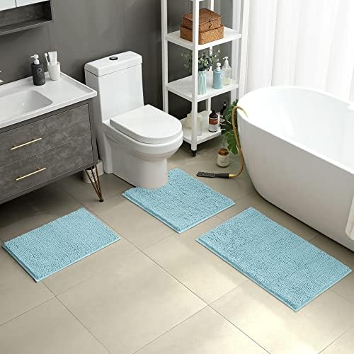 HOMEIDEAS Light Blue Chenille Bathroom Rugs Set of 3, Non Slip Bath Mat